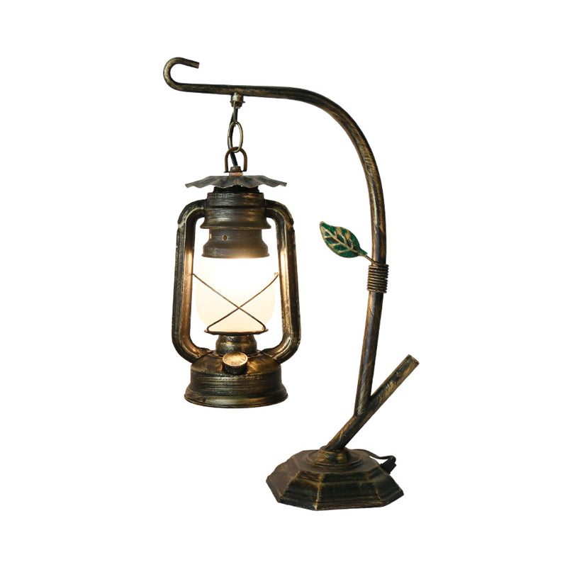 Brass/Copper Kerosene Table Light Warehouse Opal Glass 1 Light Bedroom Desk Lighting with Metal Base Clearhalo 'Lamps' 'Table Lamps' Lighting' 735060