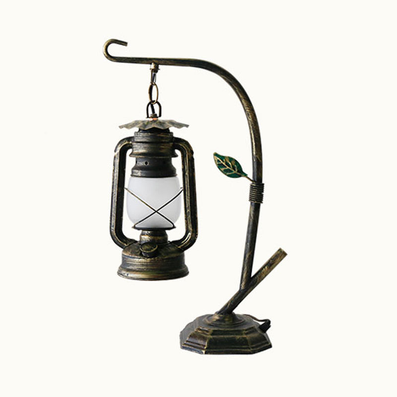 Brass/Copper Kerosene Table Light Warehouse Opal Glass 1 Light Bedroom Desk Lighting with Metal Base Clearhalo 'Lamps' 'Table Lamps' Lighting' 735061