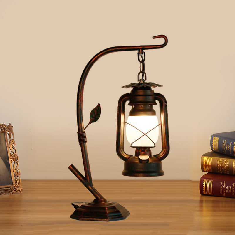 Brass/Copper Kerosene Table Light Warehouse Opal Glass 1 Light Bedroom Desk Lighting with Metal Base Clearhalo 'Lamps' 'Table Lamps' Lighting' 735064