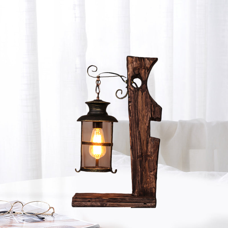 Clear Glass Black Table Lamp Lantern 1 Head Industrial Style Desk Light with Wood Base Clearhalo 'Lamps' 'Table Lamps' Lighting' 735076