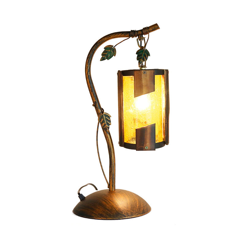 1 Head Cylinder Desk Light Farmhouse Brass Finish Yellow Crackle Glass Table Lamp with Dome Base and Metal Branch Arm Clearhalo 'Lamps' 'Table Lamps' Lighting' 735081