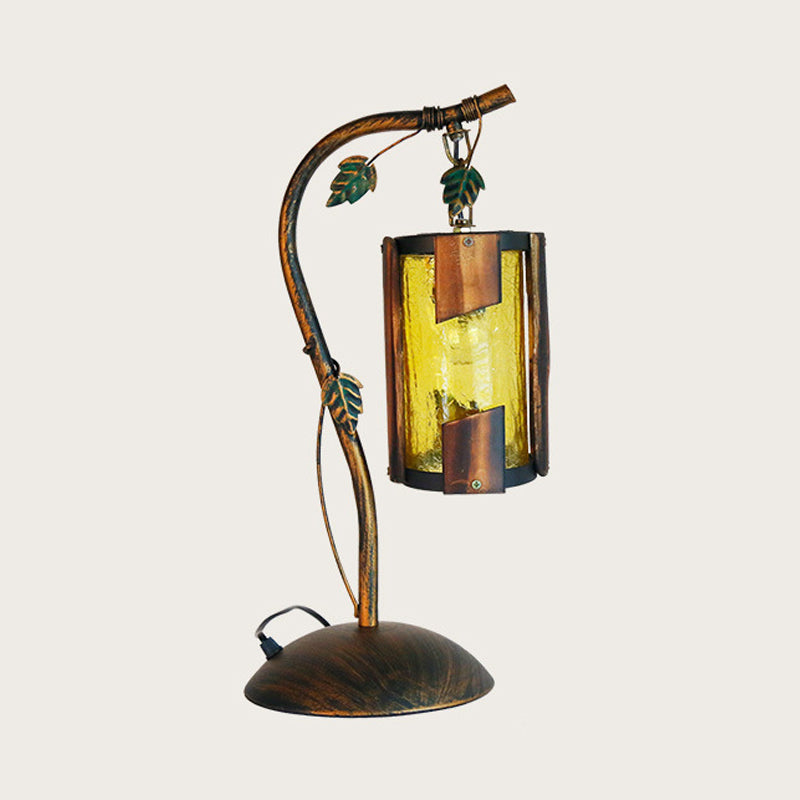 1 Head Cylinder Desk Light Farmhouse Brass Finish Yellow Crackle Glass Table Lamp with Dome Base and Metal Branch Arm Clearhalo 'Lamps' 'Table Lamps' Lighting' 735082