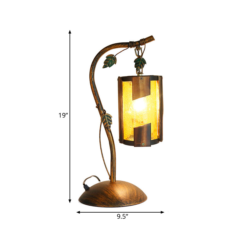 1 Head Cylinder Desk Light Farmhouse Brass Finish Yellow Crackle Glass Table Lamp with Dome Base and Metal Branch Arm Clearhalo 'Lamps' 'Table Lamps' Lighting' 735083