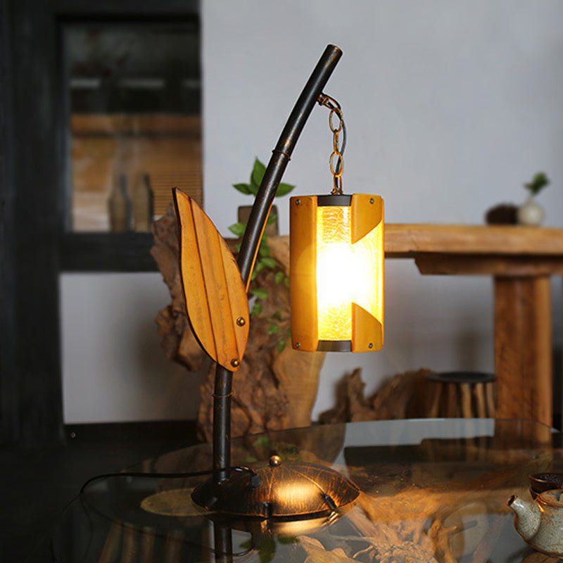 Cylinder Yellow Crackle Glass Desk Lighting Farm Style 1-Light Bedroom Table Light in Brass with Wood Leaf Deco Clearhalo 'Lamps' 'Table Lamps' Lighting' 735085