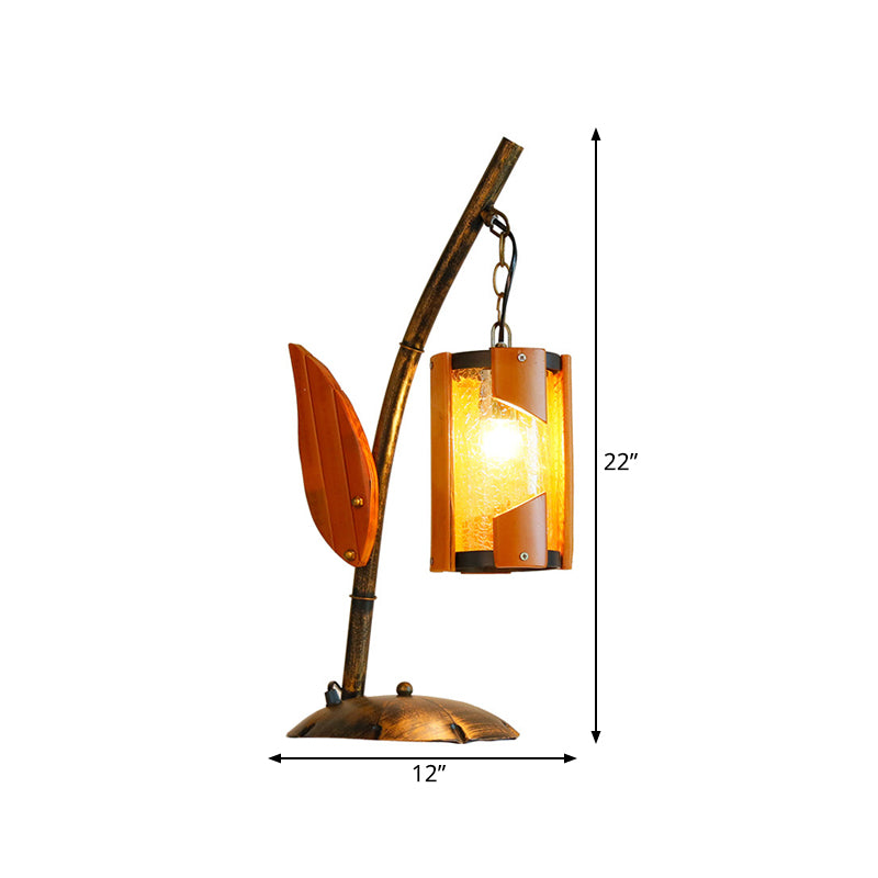 Cylinder Yellow Crackle Glass Desk Lighting Farm Style 1-Light Bedroom Table Light in Brass with Wood Leaf Deco Clearhalo 'Lamps' 'Table Lamps' Lighting' 735087