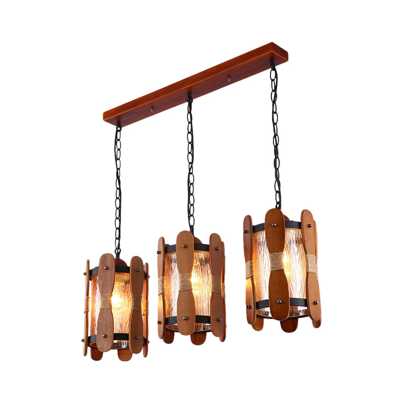 Cylinder Yellow Water Glass Cluster Pendant Retro 3 Heads Dining Room Hanging Light Kit in Brown with Wood Panel Design Clearhalo 'Ceiling Lights' 'Glass shade' 'Glass' 'Industrial Pendants' 'Industrial' 'Middle Century Pendants' 'Pendant Lights' 'Pendants' 'Tiffany' Lighting' 735125