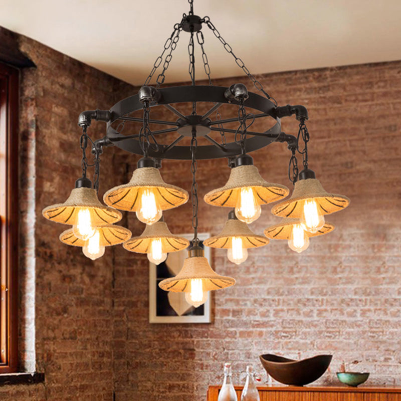 Warehouse Wheel Chandelier Light 7/9 Heads Metal Hanging Lamp Kit in Beige with Flared Rope Shade Clearhalo 'Ceiling Lights' 'Chandeliers' 'Industrial Chandeliers' 'Industrial' 'Middle Century Chandeliers' 'Tiffany' Lighting' 735138