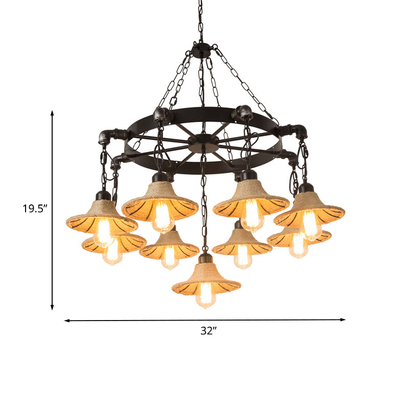 Warehouse Wheel Chandelier Light 7/9 Heads Metal Hanging Lamp Kit in Beige with Flared Rope Shade Clearhalo 'Ceiling Lights' 'Chandeliers' 'Industrial Chandeliers' 'Industrial' 'Middle Century Chandeliers' 'Tiffany' Lighting' 735140