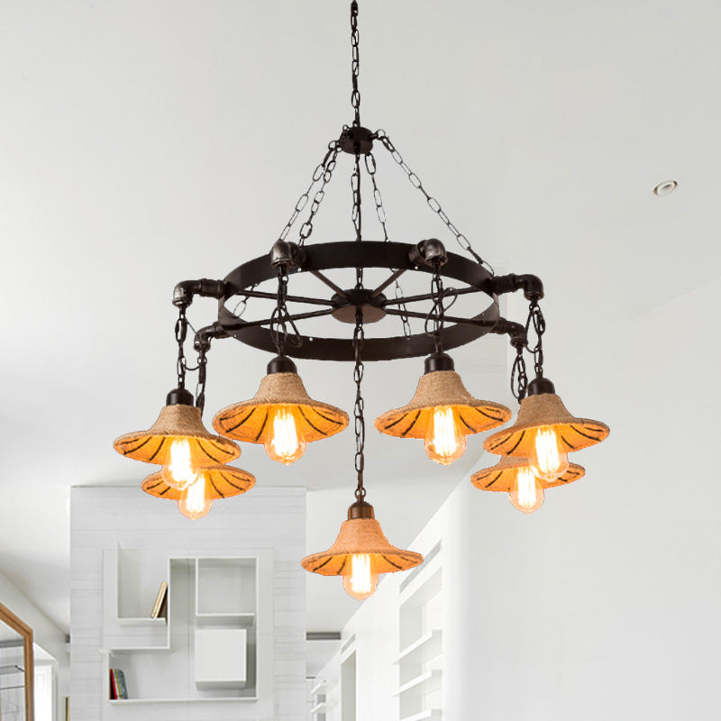 Warehouse Wheel Chandelier Light 7/9 Heads Metal Hanging Lamp Kit in Beige with Flared Rope Shade Clearhalo 'Ceiling Lights' 'Chandeliers' 'Industrial Chandeliers' 'Industrial' 'Middle Century Chandeliers' 'Tiffany' Lighting' 735142