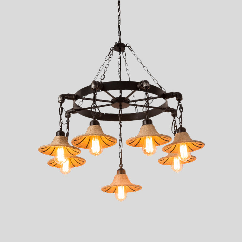 Warehouse Wheel Chandelier Light 7/9 Heads Metal Hanging Lamp Kit in Beige with Flared Rope Shade Clearhalo 'Ceiling Lights' 'Chandeliers' 'Industrial Chandeliers' 'Industrial' 'Middle Century Chandeliers' 'Tiffany' Lighting' 735144