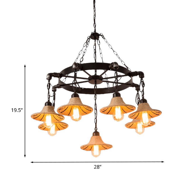 Warehouse Wheel Chandelier Light 7/9 Heads Metal Hanging Lamp Kit in Beige with Flared Rope Shade Clearhalo 'Ceiling Lights' 'Chandeliers' 'Industrial Chandeliers' 'Industrial' 'Middle Century Chandeliers' 'Tiffany' Lighting' 735145