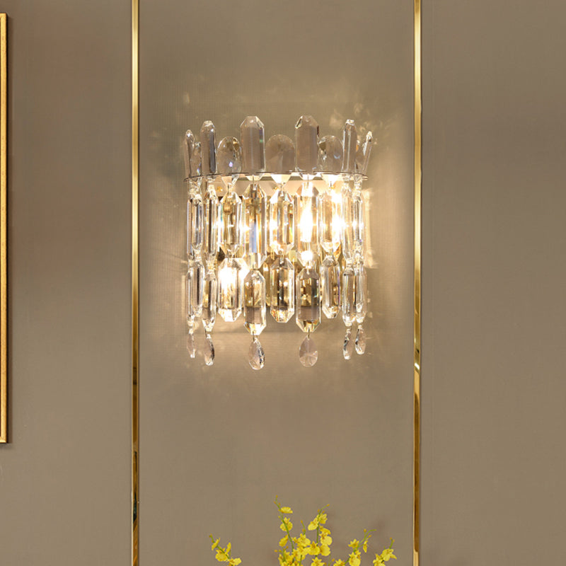 Modern Semi-Drum Wall Mount Lighting Clear Crystal 2 Heads Living Room Sconce Lamp Fixture Clear Clearhalo 'Modern wall lights' 'Modern' 'Wall Lamps & Sconces' 'Wall Lights' Lighting' 735215