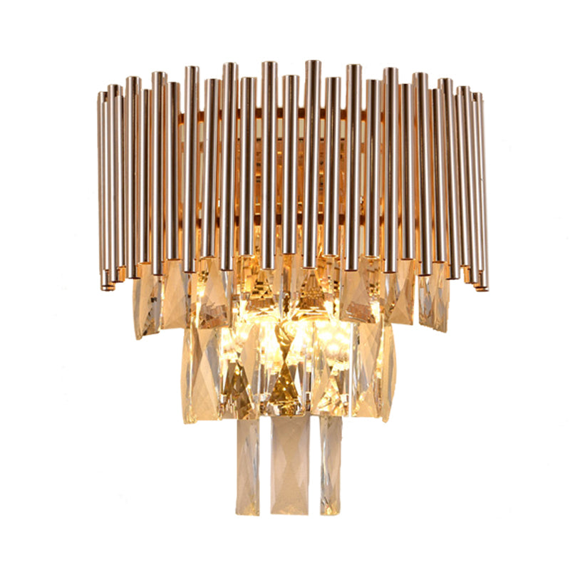 Gold Finish Tiered Sconce Lighting Contemporary 3 Bulbs Crystal Wall Mount Lamp Fixture Clearhalo 'Cast Iron' 'Glass' 'Industrial' 'Modern wall lights' 'Modern' 'Tiffany' 'Traditional wall lights' 'Wall Lamps & Sconces' 'Wall Lights' Lighting' 735220