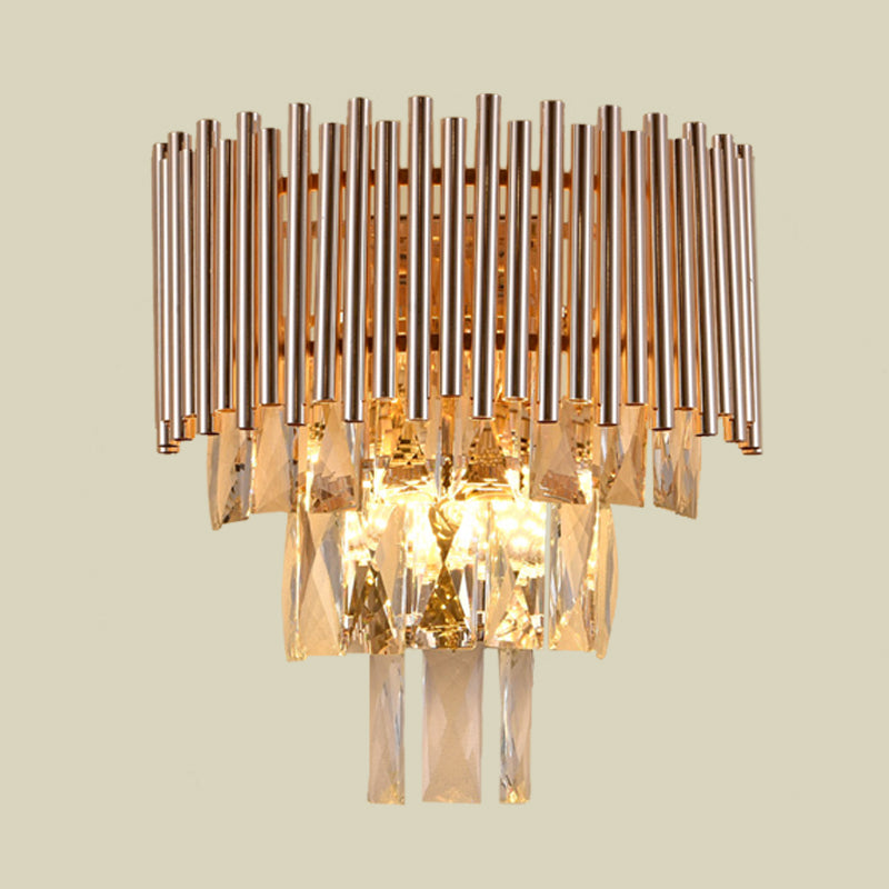 Gold Finish Tiered Sconce Lighting Contemporary 3 Bulbs Crystal Wall Mount Lamp Fixture Clearhalo 'Cast Iron' 'Glass' 'Industrial' 'Modern wall lights' 'Modern' 'Tiffany' 'Traditional wall lights' 'Wall Lamps & Sconces' 'Wall Lights' Lighting' 735221