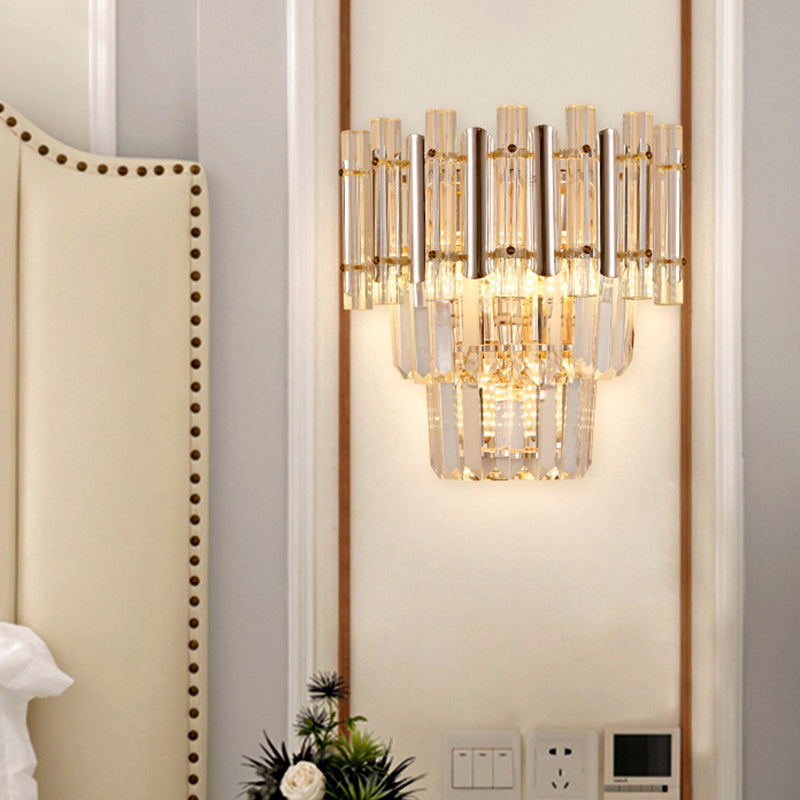 Gold Finish Tiered Sconce Lighting Contemporary 3 Bulbs Crystal Wall Mount Lamp Fixture Gold C Clearhalo 'Cast Iron' 'Glass' 'Industrial' 'Modern wall lights' 'Modern' 'Tiffany' 'Traditional wall lights' 'Wall Lamps & Sconces' 'Wall Lights' Lighting' 735227