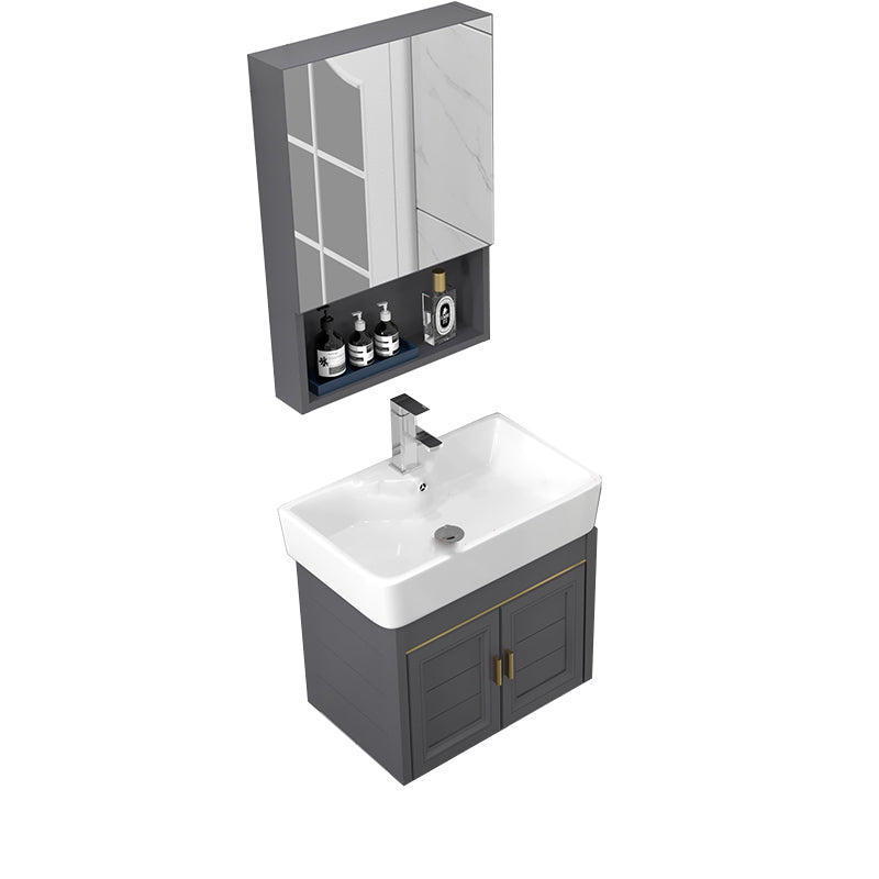 Glam Metal Base Vanity Set Single-Sink Rectangular Wall Mount Vanity Set Vanity & Faucet & Mirror Cabinet Gray Clearhalo 'Bathroom Remodel & Bathroom Fixtures' 'Bathroom Vanities' 'bathroom_vanities' 'Home Improvement' 'home_improvement' 'home_improvement_bathroom_vanities' 7352270