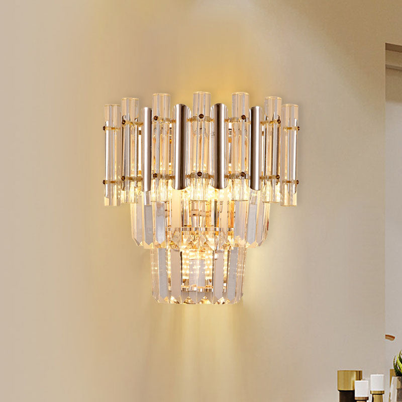 Gold Finish Tiered Sconce Lighting Contemporary 3 Bulbs Crystal Wall Mount Lamp Fixture Clearhalo 'Cast Iron' 'Glass' 'Industrial' 'Modern wall lights' 'Modern' 'Tiffany' 'Traditional wall lights' 'Wall Lamps & Sconces' 'Wall Lights' Lighting' 735228