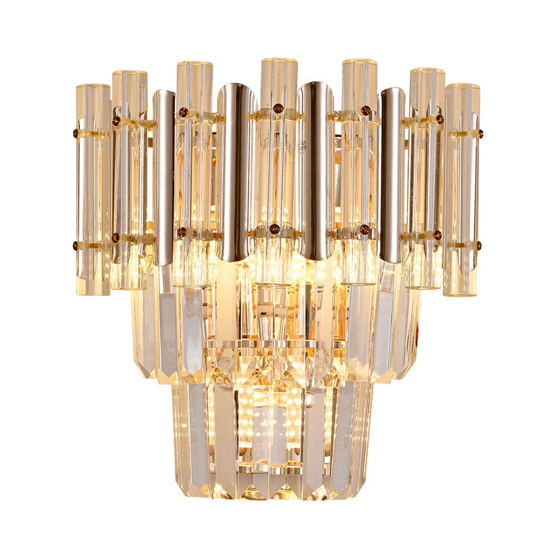 Gold Finish Tiered Sconce Lighting Contemporary 3 Bulbs Crystal Wall Mount Lamp Fixture Clearhalo 'Cast Iron' 'Glass' 'Industrial' 'Modern wall lights' 'Modern' 'Tiffany' 'Traditional wall lights' 'Wall Lamps & Sconces' 'Wall Lights' Lighting' 735229