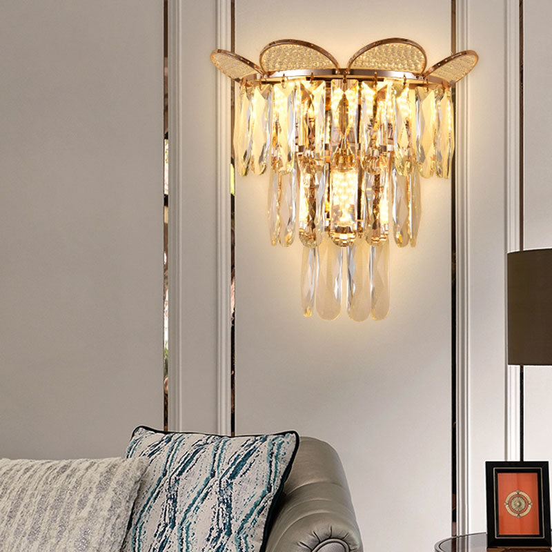 Gold Finish Tiered Sconce Lighting Contemporary 3 Bulbs Crystal Wall Mount Lamp Fixture Gold D Clearhalo 'Cast Iron' 'Glass' 'Industrial' 'Modern wall lights' 'Modern' 'Tiffany' 'Traditional wall lights' 'Wall Lamps & Sconces' 'Wall Lights' Lighting' 735231
