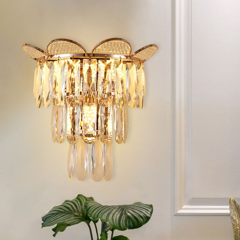 Gold Finish Tiered Sconce Lighting Contemporary 3 Bulbs Crystal Wall Mount Lamp Fixture Clearhalo 'Cast Iron' 'Glass' 'Industrial' 'Modern wall lights' 'Modern' 'Tiffany' 'Traditional wall lights' 'Wall Lamps & Sconces' 'Wall Lights' Lighting' 735232