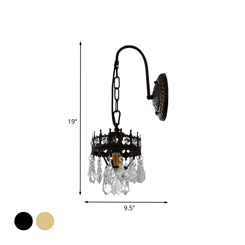 Traditionalism Crown Wall Light Sconce Metallic 1 Light Living Room Wall Lamp in Brass/Black with Crystal Droplet Clearhalo 'Wall Lamps & Sconces' 'Wall Lights' Lighting' 735238