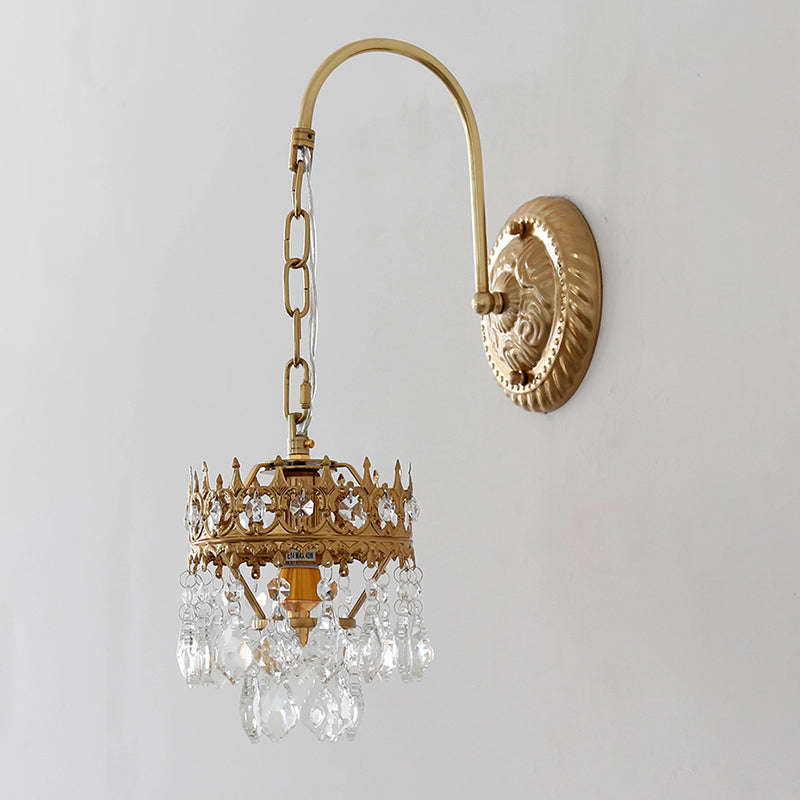 Traditionalism Crown Wall Light Sconce Metallic 1 Light Living Room Wall Lamp in Brass/Black with Crystal Droplet Brass Clearhalo 'Wall Lamps & Sconces' 'Wall Lights' Lighting' 735239