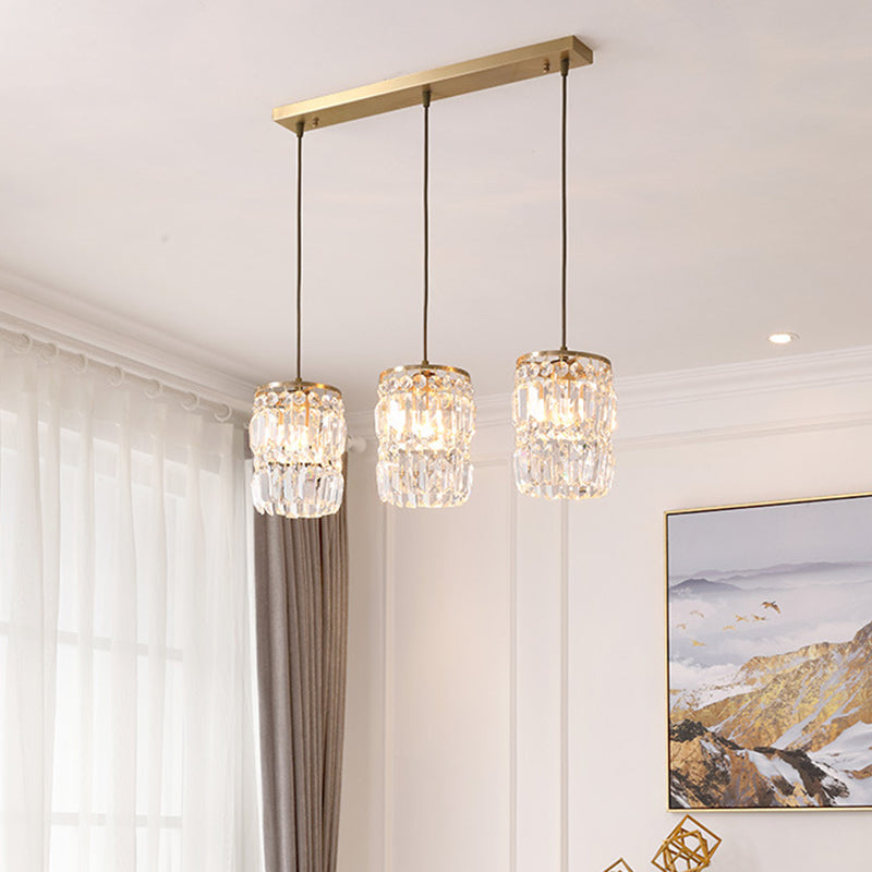 Cylinder Crystal Multiple Hanging Light Modern 3-Bulb Brass Finish Pendant Lamp Fixture with Linear/Round Canopy Brass Linear Clearhalo 'Ceiling Lights' 'Modern Pendants' 'Modern' 'Pendant Lights' 'Pendants' Lighting' 735246