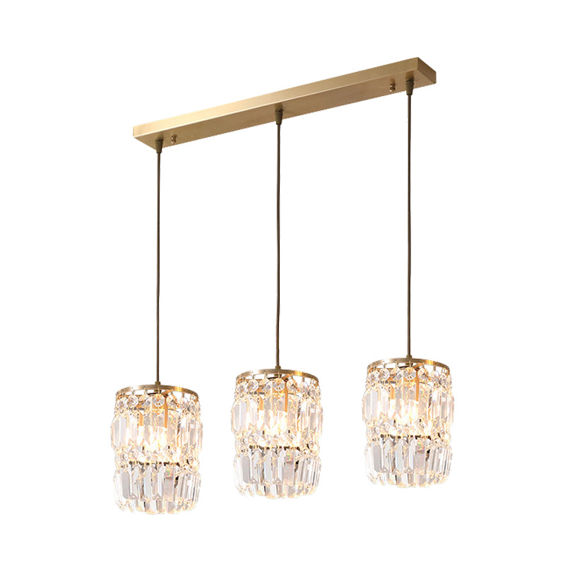 Cylinder Crystal Multiple Hanging Light Modern 3-Bulb Brass Finish Pendant Lamp Fixture with Linear/Round Canopy Clearhalo 'Ceiling Lights' 'Modern Pendants' 'Modern' 'Pendant Lights' 'Pendants' Lighting' 735247