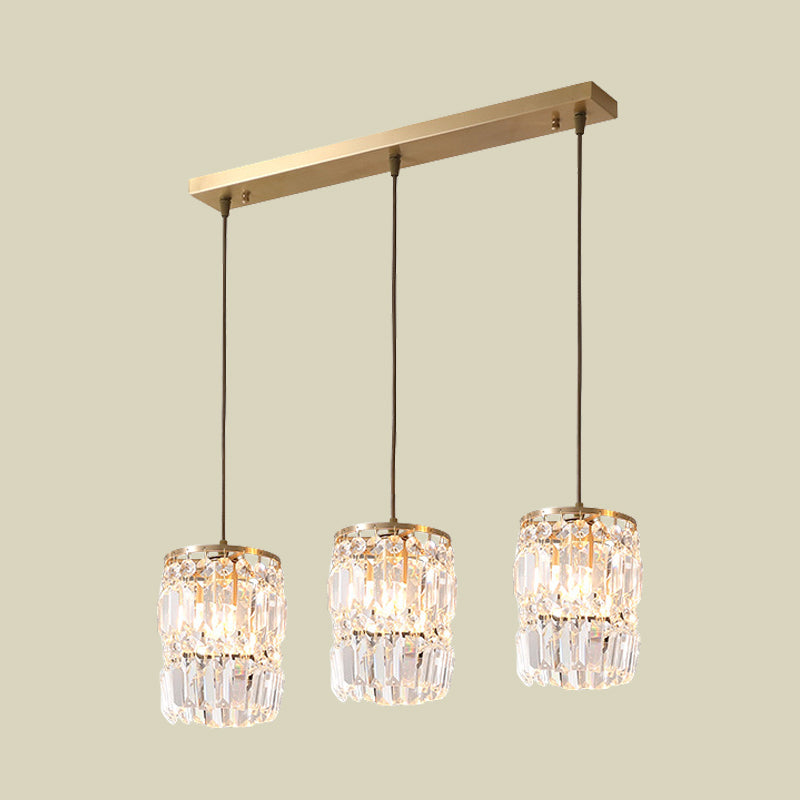 Cylinder Crystal Multiple Hanging Light Modern 3-Bulb Brass Finish Pendant Lamp Fixture with Linear/Round Canopy Clearhalo 'Ceiling Lights' 'Modern Pendants' 'Modern' 'Pendant Lights' 'Pendants' Lighting' 735248