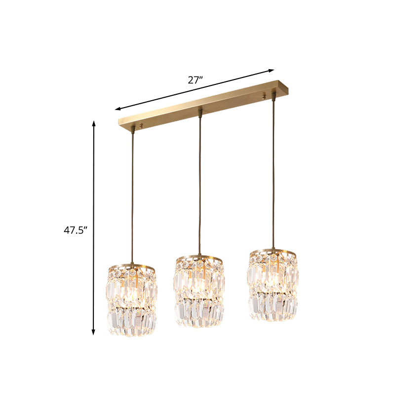 Cylinder Crystal Multiple Hanging Light Modern 3-Bulb Brass Finish Pendant Lamp Fixture with Linear/Round Canopy Clearhalo 'Ceiling Lights' 'Modern Pendants' 'Modern' 'Pendant Lights' 'Pendants' Lighting' 735249