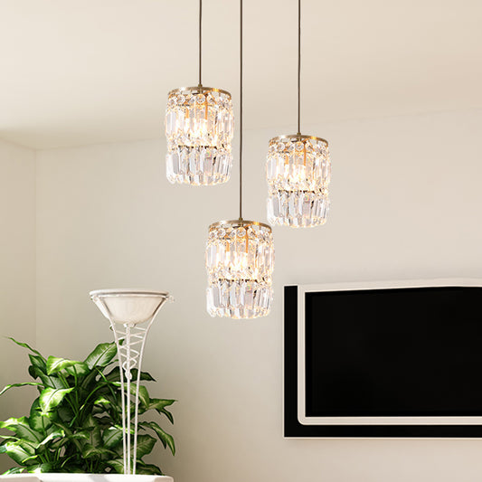 Cylinder Crystal Multiple Hanging Light Modern 3-Bulb Brass Finish Pendant Lamp Fixture with Linear/Round Canopy Brass Round Clearhalo 'Ceiling Lights' 'Modern Pendants' 'Modern' 'Pendant Lights' 'Pendants' Lighting' 735250