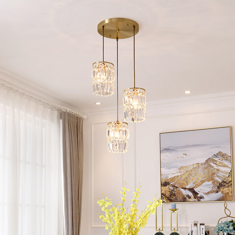 Cylinder Crystal Multiple Hanging Light Modern 3-Bulb Brass Finish Pendant Lamp Fixture with Linear/Round Canopy Clearhalo 'Ceiling Lights' 'Modern Pendants' 'Modern' 'Pendant Lights' 'Pendants' Lighting' 735251