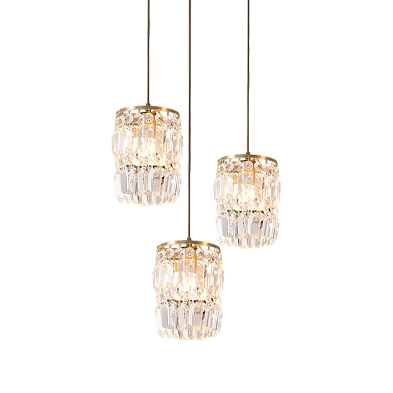 Cylinder Crystal Multiple Hanging Light Modern 3-Bulb Brass Finish Pendant Lamp Fixture with Linear/Round Canopy Clearhalo 'Ceiling Lights' 'Modern Pendants' 'Modern' 'Pendant Lights' 'Pendants' Lighting' 735252