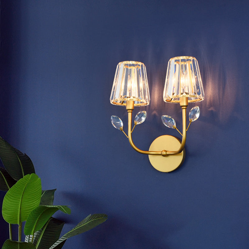 Brass Finish Tapered Wall Lighting Minimalist 1/2-Light Crystal Wall Sconce Lamp with Curved Arm 2.0 Brass Clearhalo 'Cast Iron' 'Glass' 'Industrial' 'Modern wall lights' 'Modern' 'Tiffany' 'Traditional wall lights' 'Wall Lamps & Sconces' 'Wall Lights' Lighting' 735262