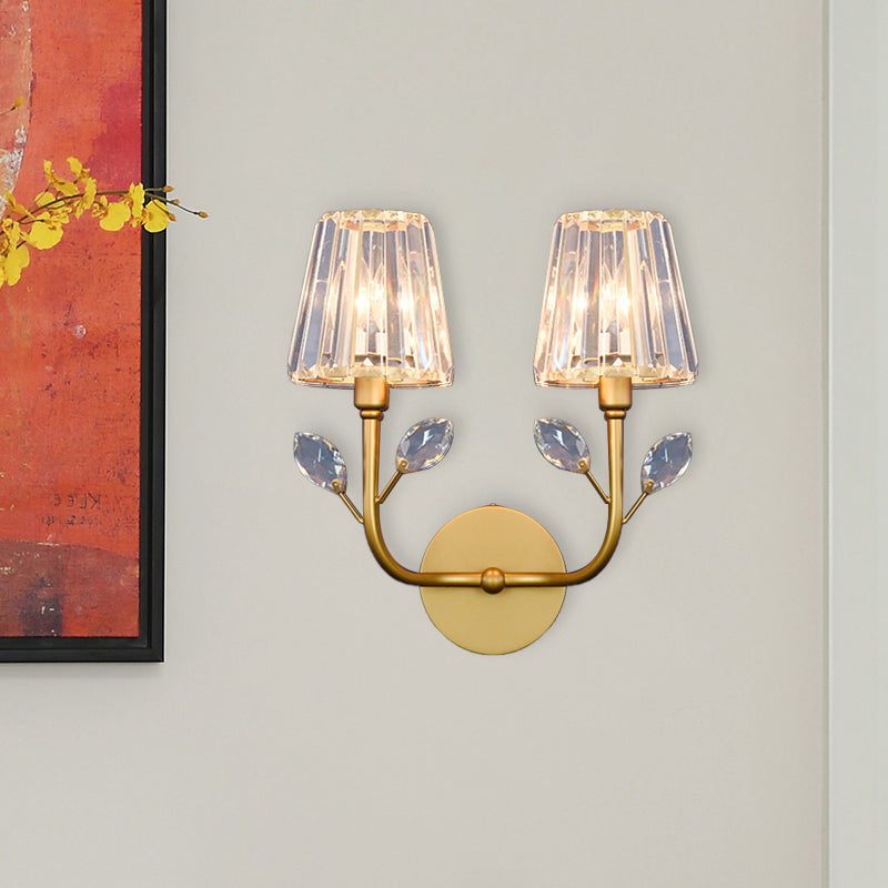 Brass Finish Tapered Wall Lighting Minimalist 1/2-Light Crystal Wall Sconce Lamp with Curved Arm Clearhalo 'Cast Iron' 'Glass' 'Industrial' 'Modern wall lights' 'Modern' 'Tiffany' 'Traditional wall lights' 'Wall Lamps & Sconces' 'Wall Lights' Lighting' 735263