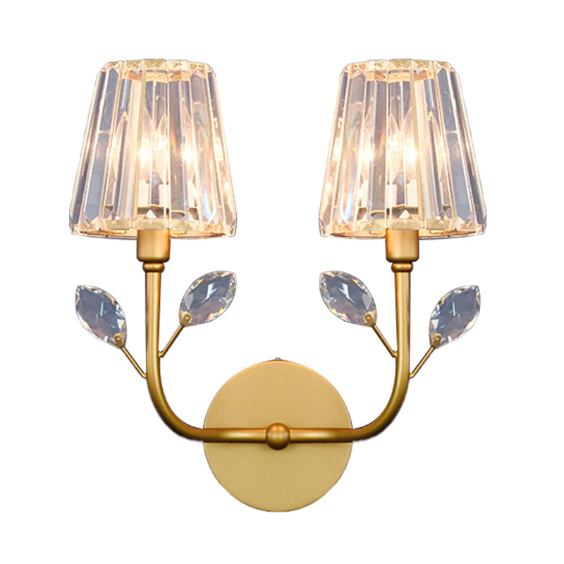 Brass Finish Tapered Wall Lighting Minimalist 1/2-Light Crystal Wall Sconce Lamp with Curved Arm Clearhalo 'Cast Iron' 'Glass' 'Industrial' 'Modern wall lights' 'Modern' 'Tiffany' 'Traditional wall lights' 'Wall Lamps & Sconces' 'Wall Lights' Lighting' 735264
