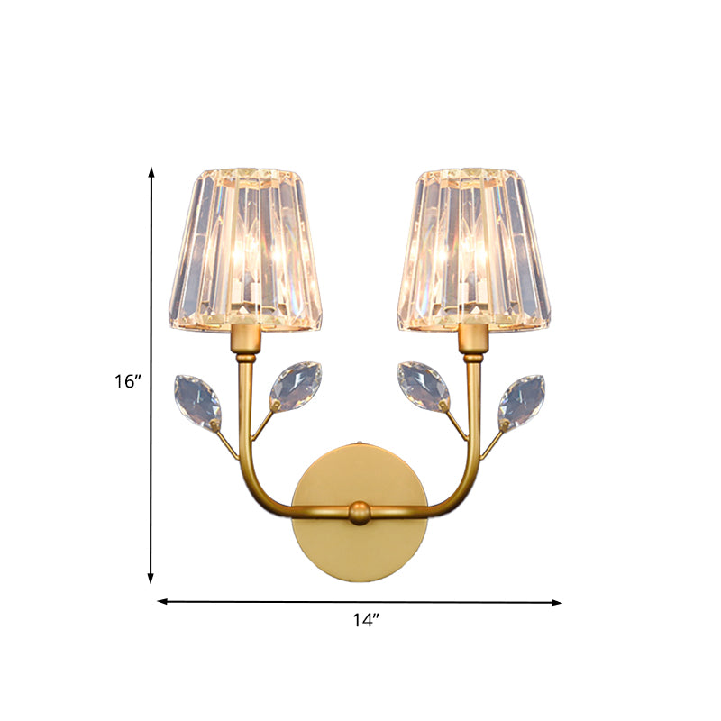 Brass Finish Tapered Wall Lighting Minimalist 1/2-Light Crystal Wall Sconce Lamp with Curved Arm Clearhalo 'Cast Iron' 'Glass' 'Industrial' 'Modern wall lights' 'Modern' 'Tiffany' 'Traditional wall lights' 'Wall Lamps & Sconces' 'Wall Lights' Lighting' 735265