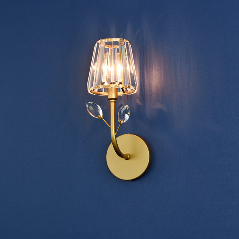 Brass Finish Tapered Wall Lighting Minimalist 1/2-Light Crystal Wall Sconce Lamp with Curved Arm 1.0 Brass Clearhalo 'Cast Iron' 'Glass' 'Industrial' 'Modern wall lights' 'Modern' 'Tiffany' 'Traditional wall lights' 'Wall Lamps & Sconces' 'Wall Lights' Lighting' 735266