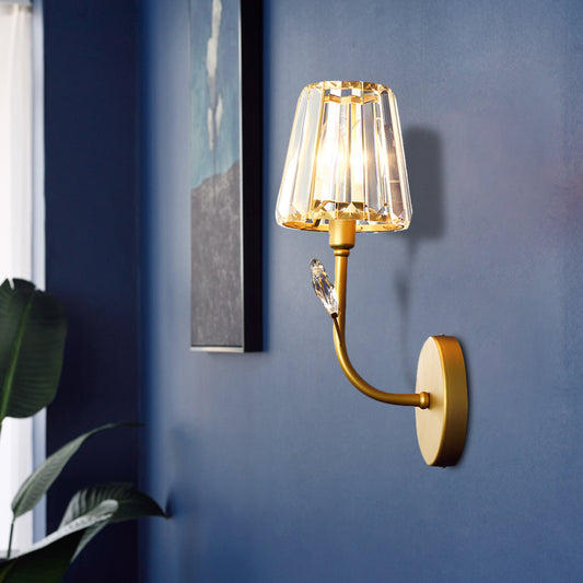 Brass Finish Tapered Wall Lighting Minimalist 1/2-Light Crystal Wall Sconce Lamp with Curved Arm Clearhalo 'Cast Iron' 'Glass' 'Industrial' 'Modern wall lights' 'Modern' 'Tiffany' 'Traditional wall lights' 'Wall Lamps & Sconces' 'Wall Lights' Lighting' 735267