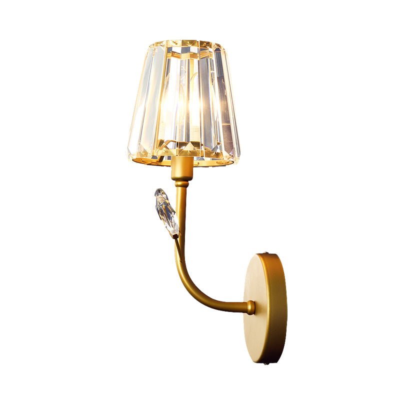 Brass Finish Tapered Wall Lighting Minimalist 1/2-Light Crystal Wall Sconce Lamp with Curved Arm Clearhalo 'Cast Iron' 'Glass' 'Industrial' 'Modern wall lights' 'Modern' 'Tiffany' 'Traditional wall lights' 'Wall Lamps & Sconces' 'Wall Lights' Lighting' 735268