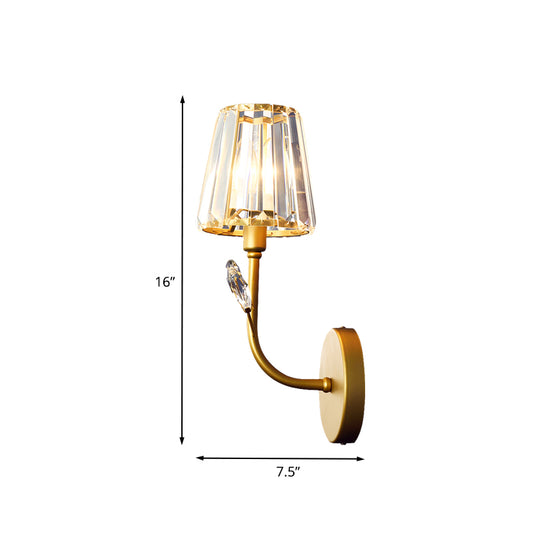 Brass Finish Tapered Wall Lighting Minimalist 1/2-Light Crystal Wall Sconce Lamp with Curved Arm Clearhalo 'Cast Iron' 'Glass' 'Industrial' 'Modern wall lights' 'Modern' 'Tiffany' 'Traditional wall lights' 'Wall Lamps & Sconces' 'Wall Lights' Lighting' 735269