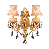 Double Arm Sconce Light Fixture Traditionalist Metal 2 Lights Gold Wall Mount Lamp with Crystal Drop and Fabric Shade Clearhalo 'Wall Lamps & Sconces' 'Wall Lights' Lighting' 735291