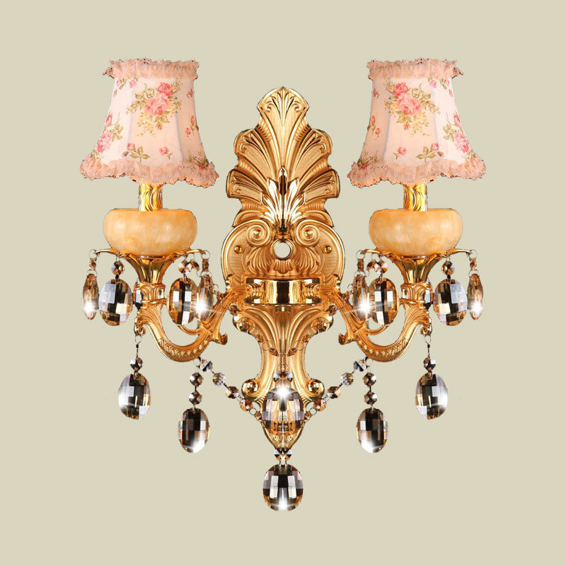 Double Arm Sconce Light Fixture Traditionalist Metal 2 Lights Gold Wall Mount Lamp with Crystal Drop and Fabric Shade Clearhalo 'Wall Lamps & Sconces' 'Wall Lights' Lighting' 735292