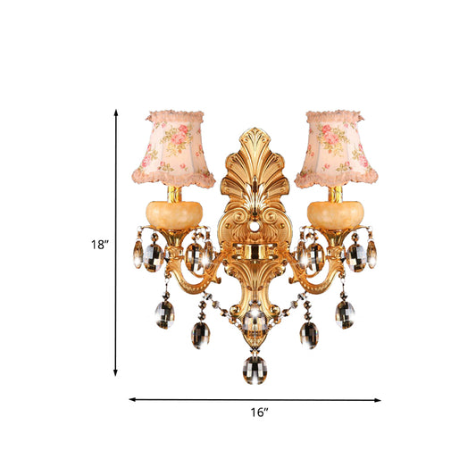 Double Arm Sconce Light Fixture Traditionalist Metal 2 Lights Gold Wall Mount Lamp with Crystal Drop and Fabric Shade Clearhalo 'Wall Lamps & Sconces' 'Wall Lights' Lighting' 735293