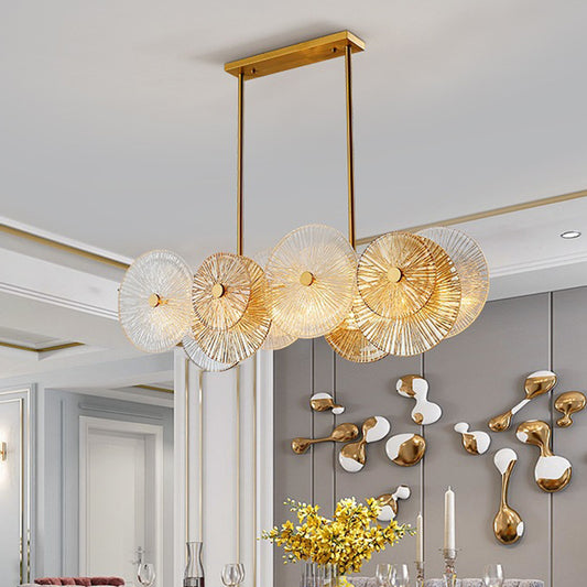 8 Bulbs Dining Room Island Pendant Light Modern Gold Finish Suspension Lamp with Round Prismatic Glass Shade Gold Clearhalo 'Ceiling Lights' 'Glass shade' 'Glass' 'Island Lights' 'Pendant Lights' Lighting' 735294