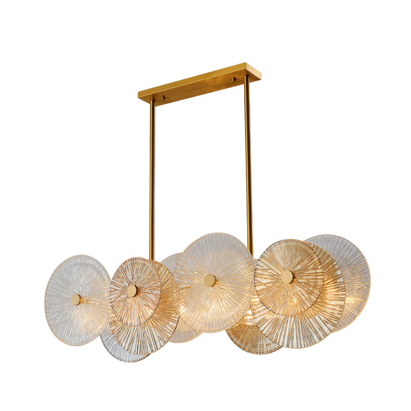 8 Bulbs Dining Room Island Pendant Light Modern Gold Finish Suspension Lamp with Round Prismatic Glass Shade Clearhalo 'Ceiling Lights' 'Glass shade' 'Glass' 'Island Lights' 'Pendant Lights' Lighting' 735296