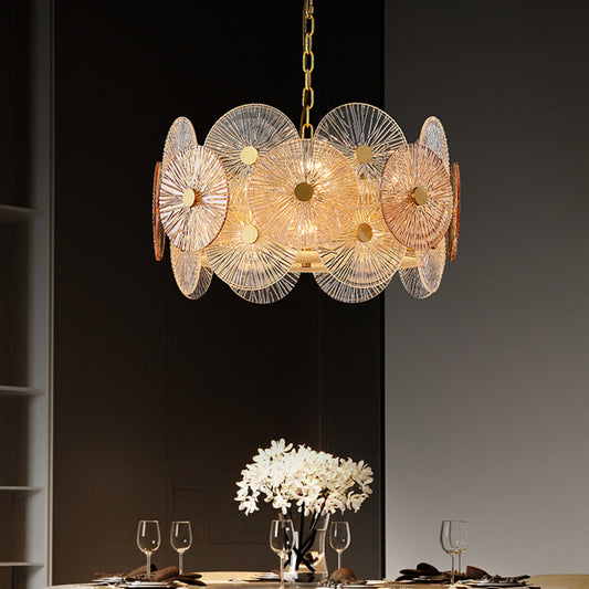 Clear Ribbed Glass Panel Hanging Chandelier Contemporary 8/12 Heads Ceiling Pendant Lamp in Gold 8 Gold Clearhalo 'Ceiling Lights' 'Chandeliers' 'Modern Chandeliers' 'Modern' Lighting' 735298