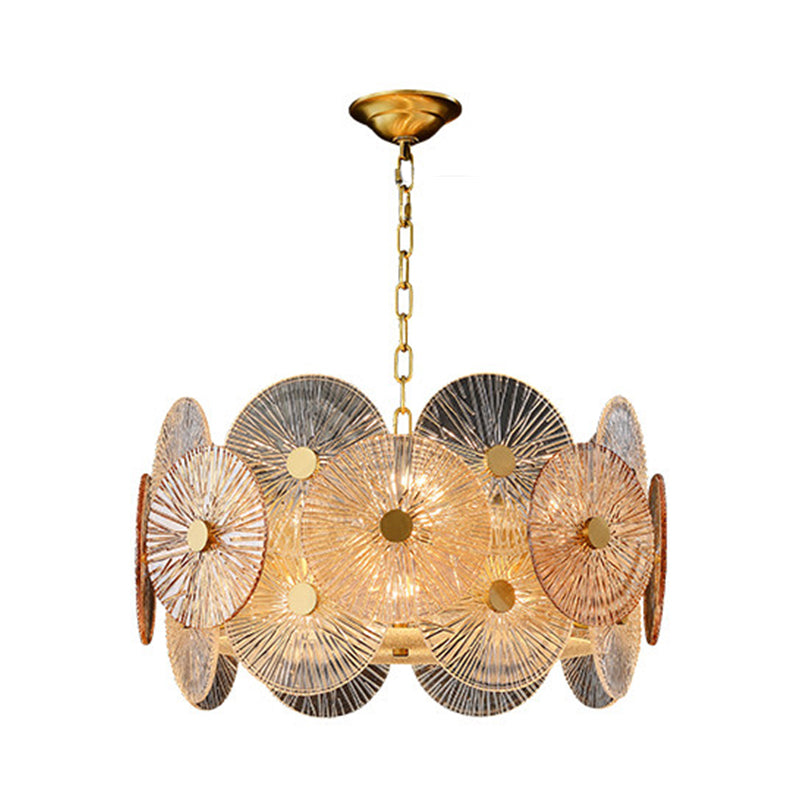 Clear Ribbed Glass Panel Hanging Chandelier Contemporary 8/12 Heads Ceiling Pendant Lamp in Gold Clearhalo 'Ceiling Lights' 'Chandeliers' 'Modern Chandeliers' 'Modern' Lighting' 735299