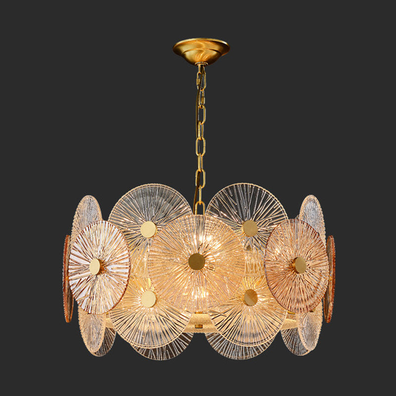 Clear Ribbed Glass Panel Hanging Chandelier Contemporary 8/12 Heads Ceiling Pendant Lamp in Gold Clearhalo 'Ceiling Lights' 'Chandeliers' 'Modern Chandeliers' 'Modern' Lighting' 735300