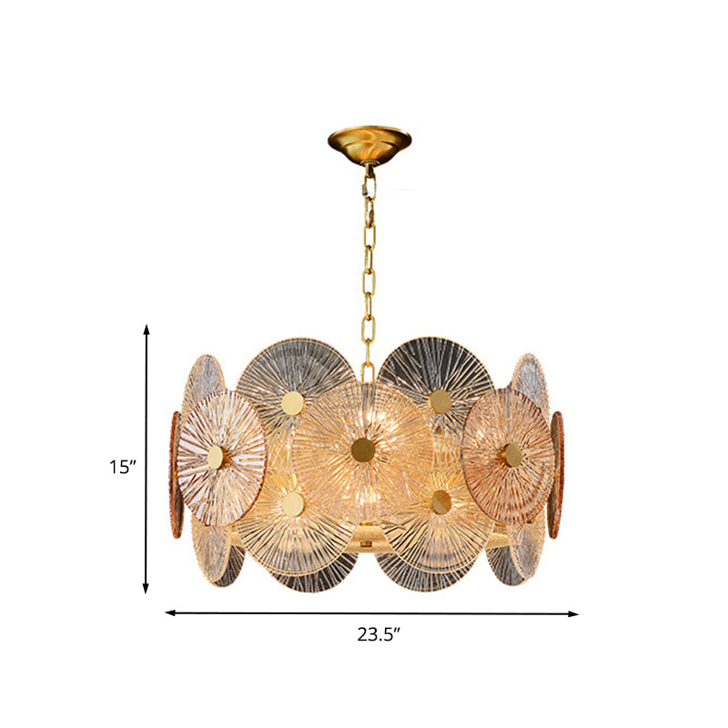 Clear Ribbed Glass Panel Hanging Chandelier Contemporary 8/12 Heads Ceiling Pendant Lamp in Gold Clearhalo 'Ceiling Lights' 'Chandeliers' 'Modern Chandeliers' 'Modern' Lighting' 735301